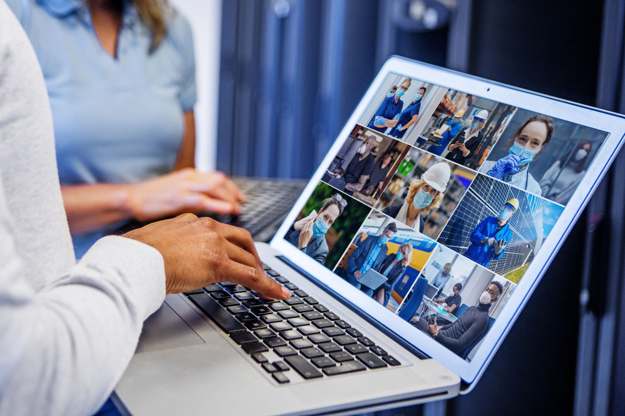 client using laptop to access online gallery, secure, modern